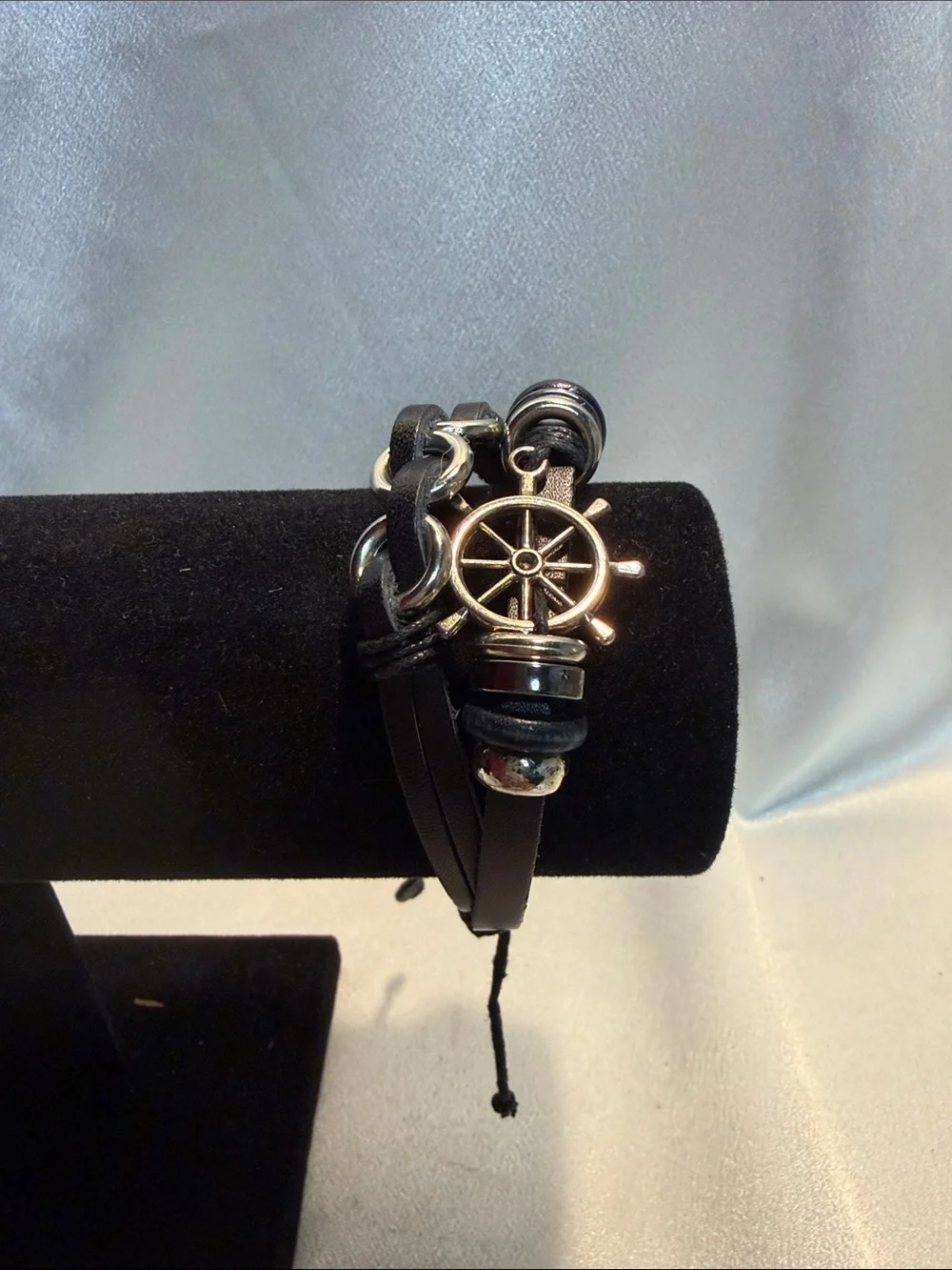Source Unknown Black Leather Wrap Bracelet with Silver Nautical Wheel